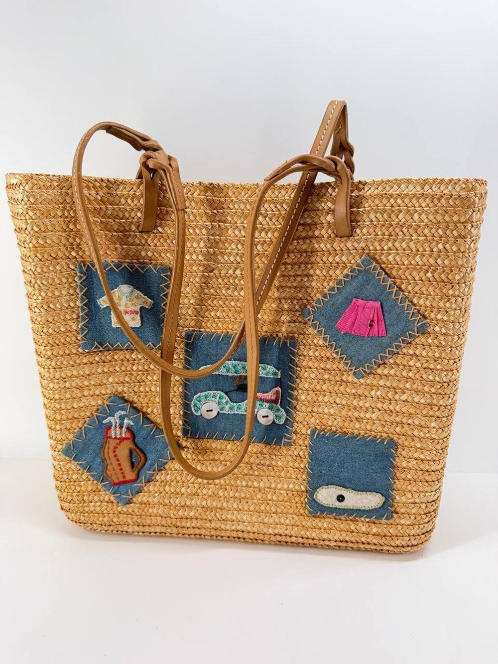 Vintage Cappelli Straworld Straw Tote Bag Denim Patchwork Applique Purse